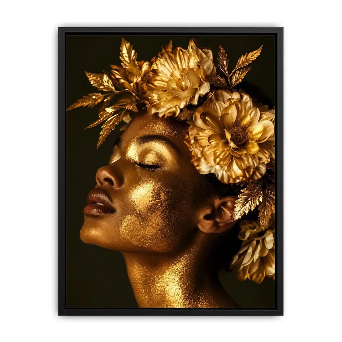 Golden floral portrait artwork canvas art for elegant modern interior decor