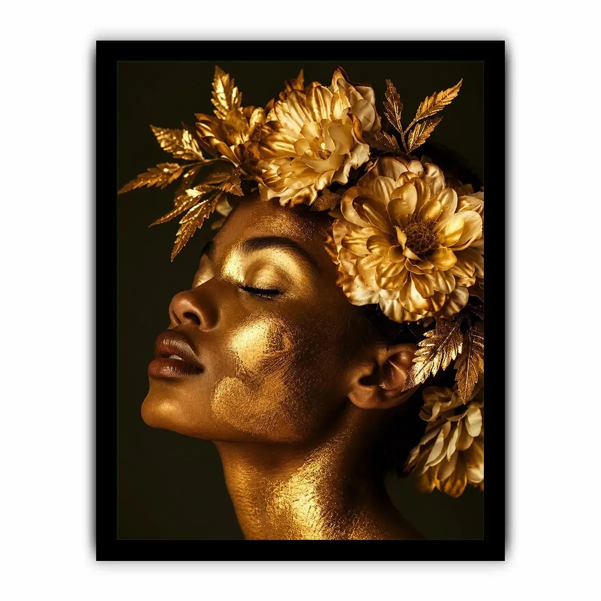Golden floral portrait artwork canvas art for elegant modern interior decor