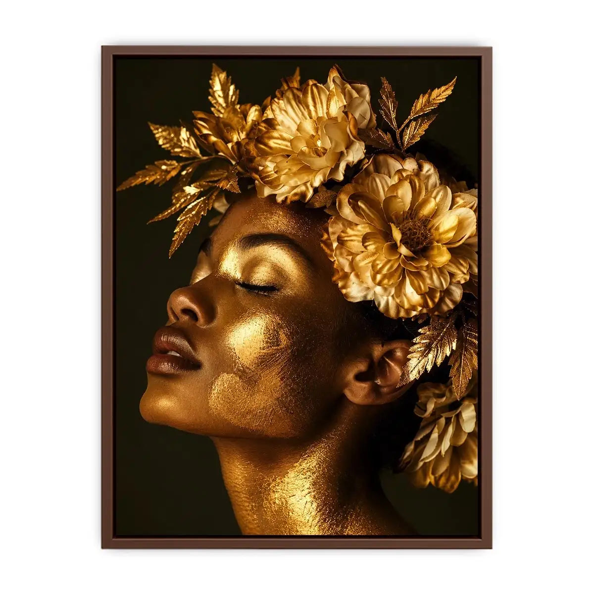 Golden floral portrait artwork canvas art for elegant modern interior decor