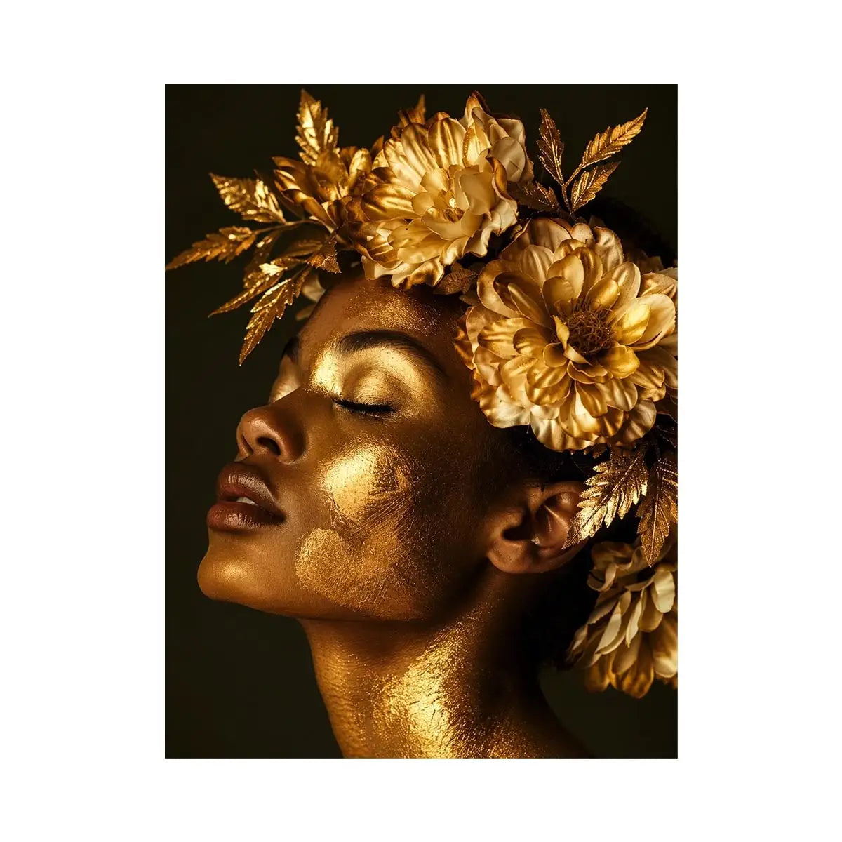 Golden floral portrait artwork canvas art for elegant modern interior decor