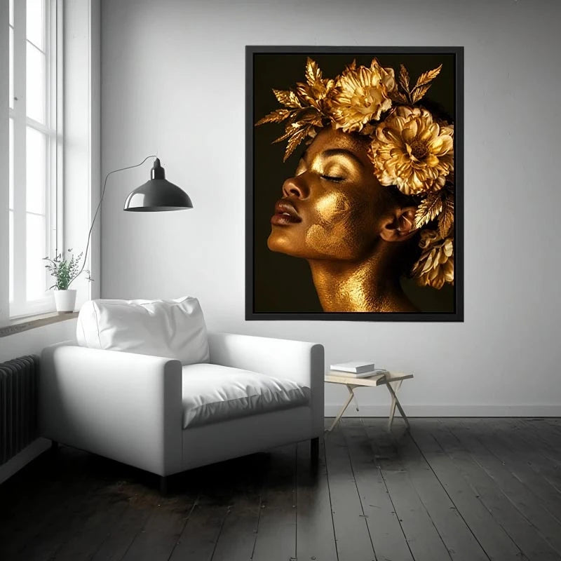 Golden floral portrait artwork canvas art for elegant modern interior decor