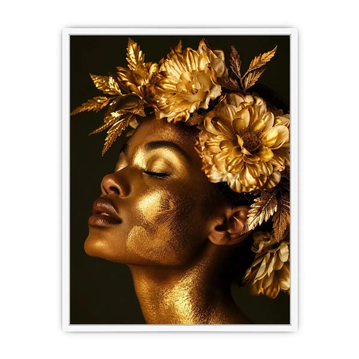 Golden floral portrait artwork canvas art for elegant modern interior decor