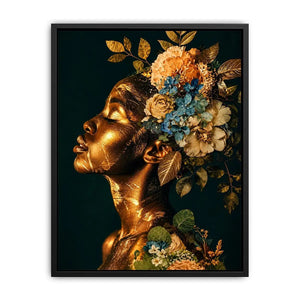 Golden botanical feminine portrait canvas art for elegant modern interior decor