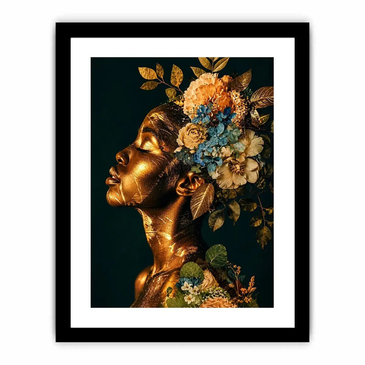 Golden botanical feminine portrait canvas art for elegant modern interior decor