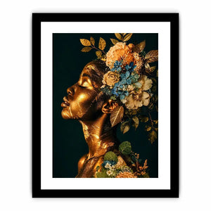 Golden botanical feminine portrait canvas art for elegant modern interior decor