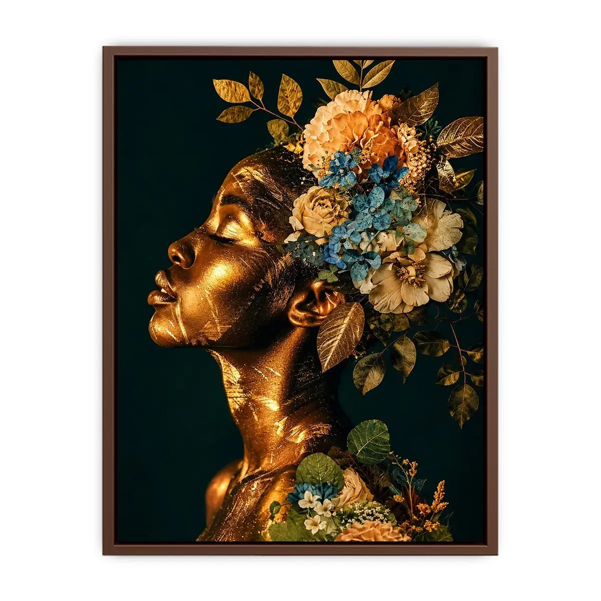 Golden botanical feminine portrait canvas art for elegant modern interior decor