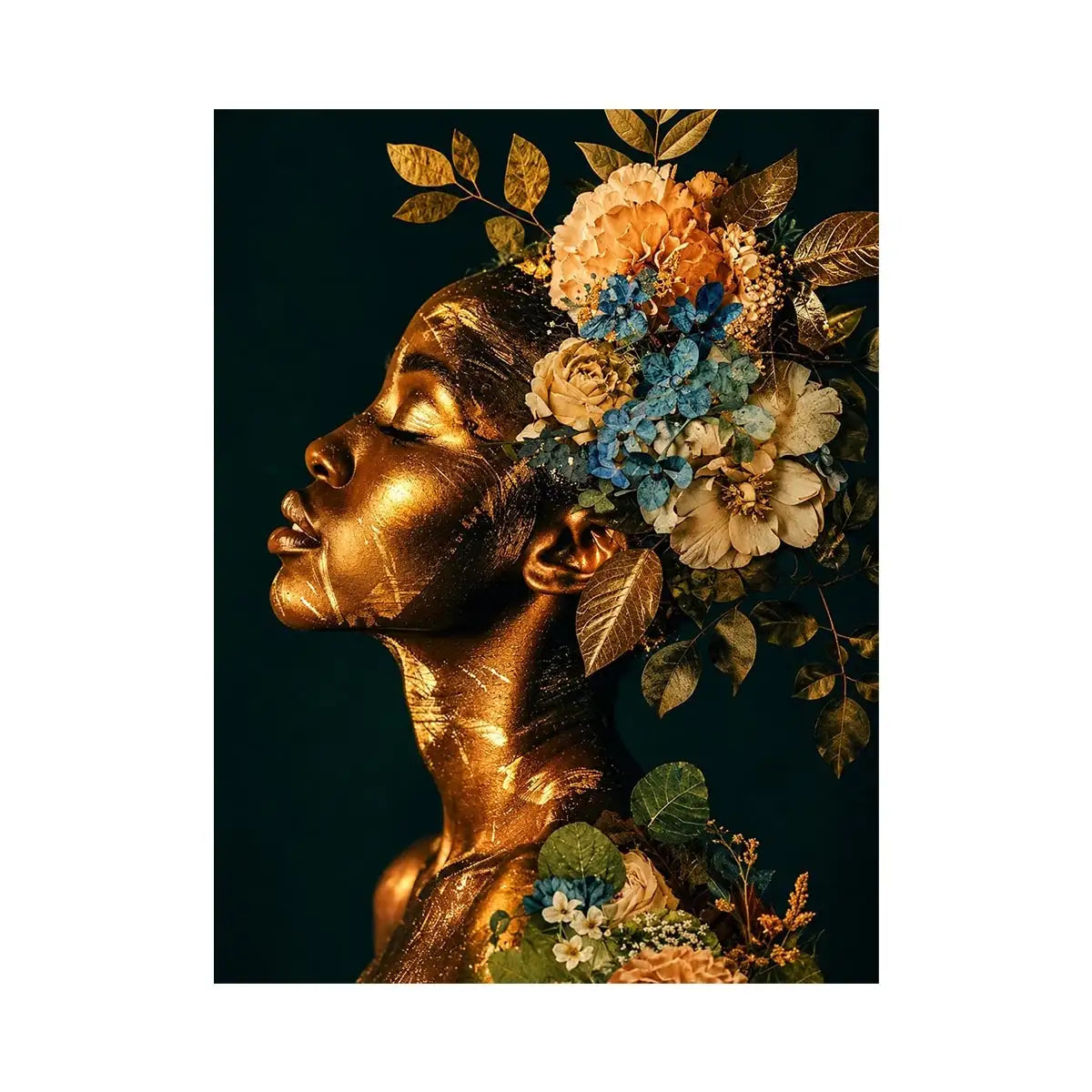 Golden botanical feminine portrait canvas art for elegant modern interior decor