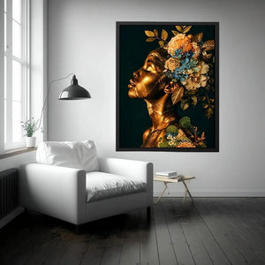 Golden botanical feminine portrait canvas art for elegant modern interior decor