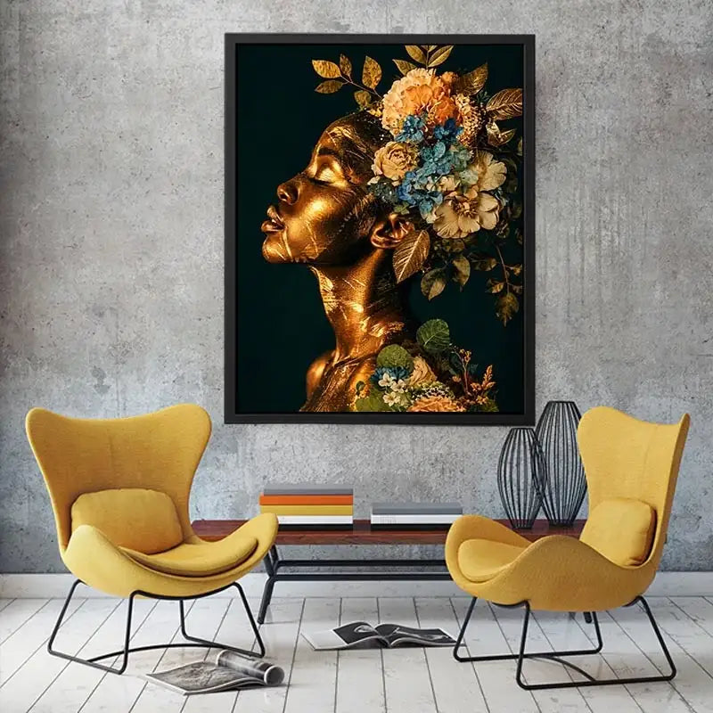 Golden botanical feminine portrait canvas art for elegant modern interior decor