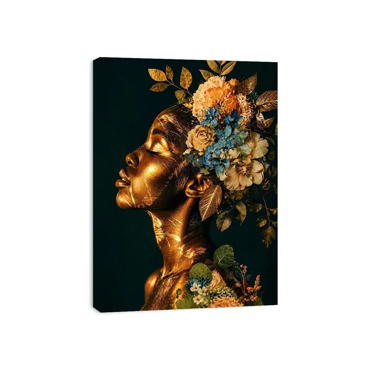 Golden botanical feminine portrait canvas art for elegant modern interior decor