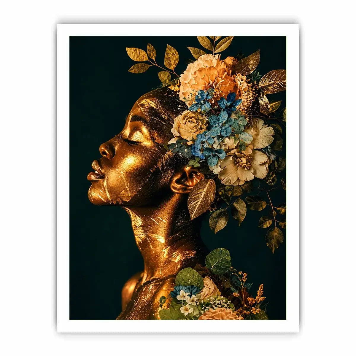 Golden botanical feminine portrait canvas art for elegant modern interior decor
