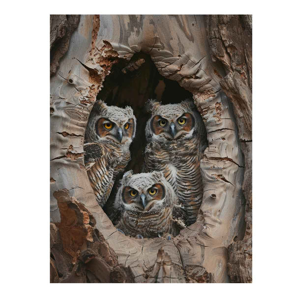 Baby Owls In The Hollow Tree. Art Print