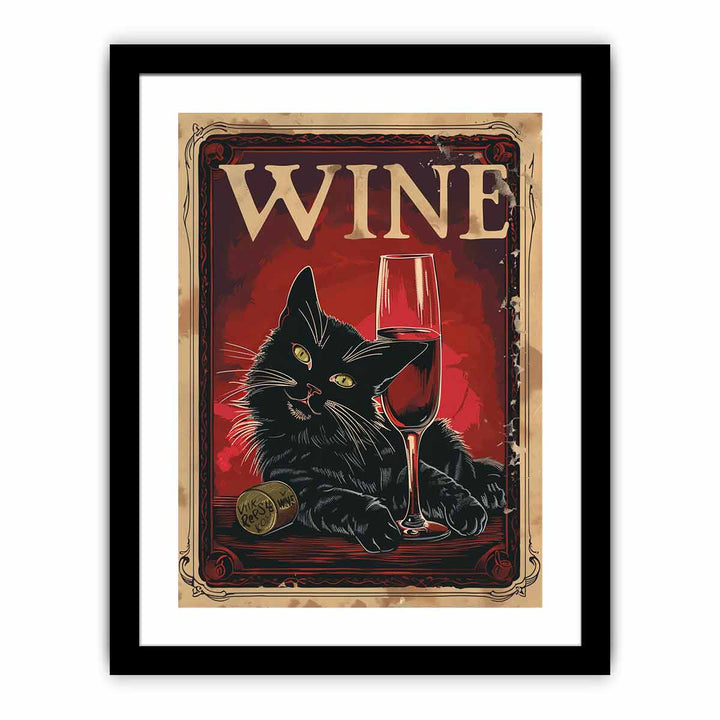 Vintage Poster Of A Black Cat With A Red Wine framed Print