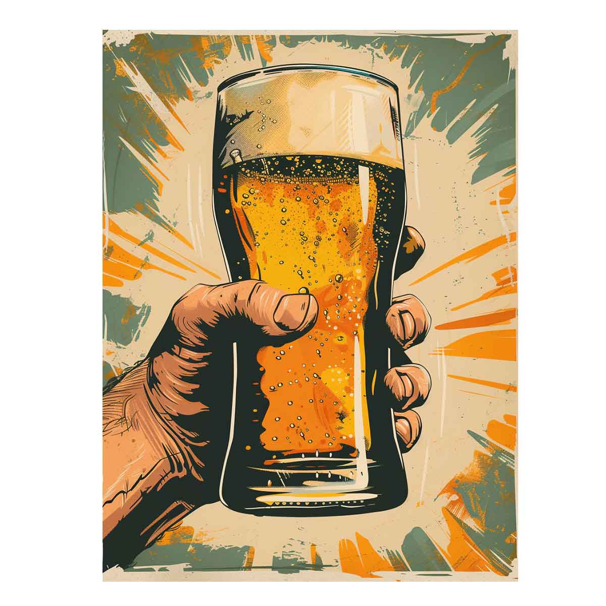 Retro pop art beer glass illustration for home bar wall decor.