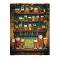 Illustrated beer mugs and taps on tavern shelves for home bar decor.