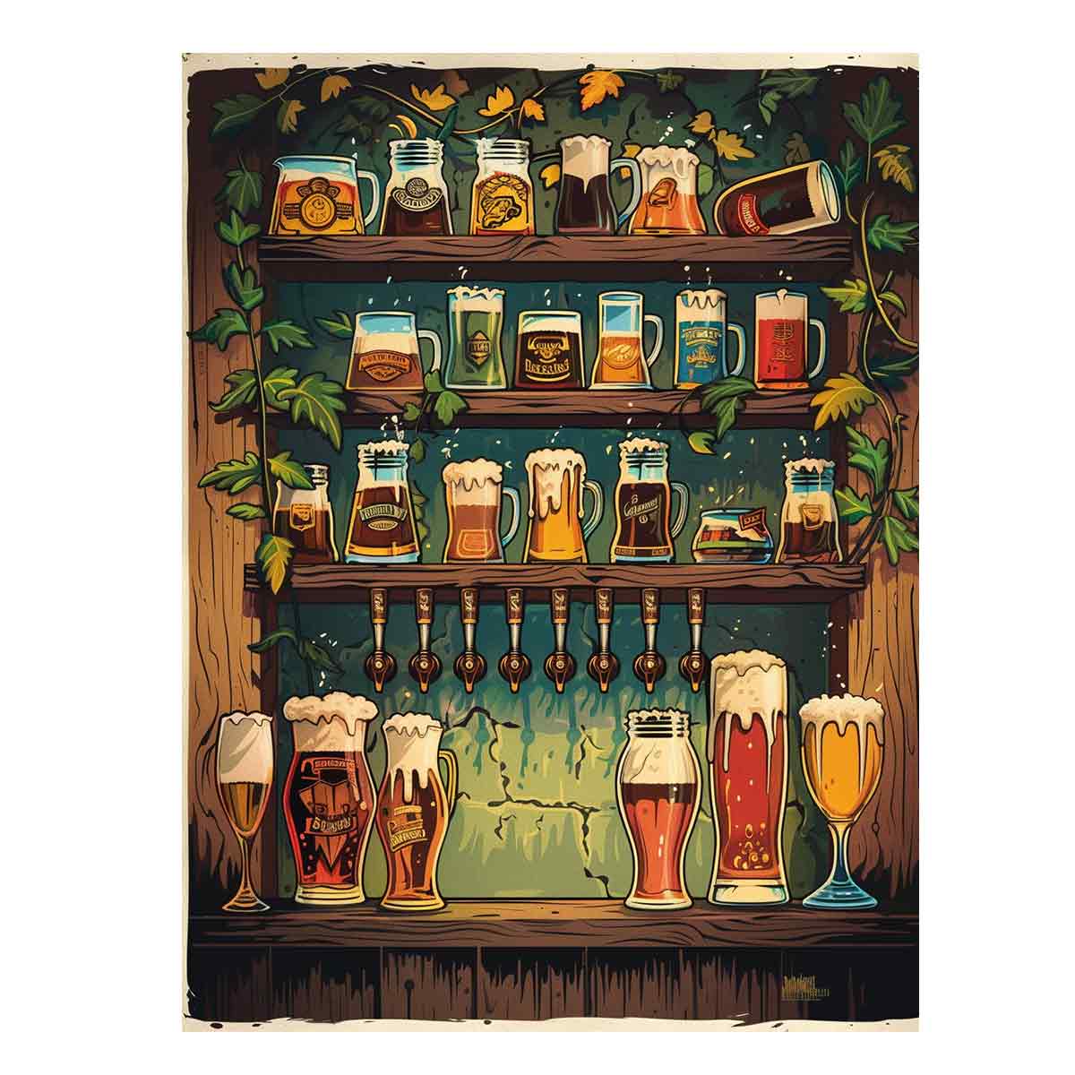 Illustrated beer mugs and taps on tavern shelves for home bar decor.