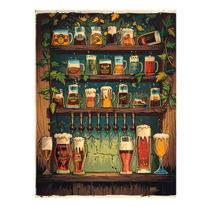 Illustrated beer mugs and taps on tavern shelves for home bar decor.