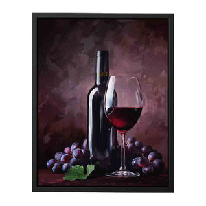 Elegant wine bottle, glass and grapes still life for dining room wall decor.