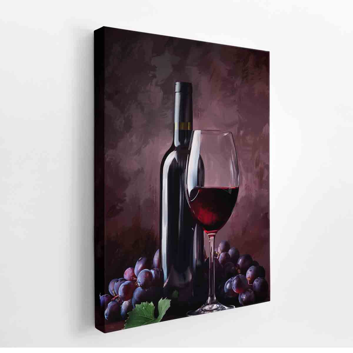 Elegant wine bottle, glass and grapes still life for dining room wall decor.