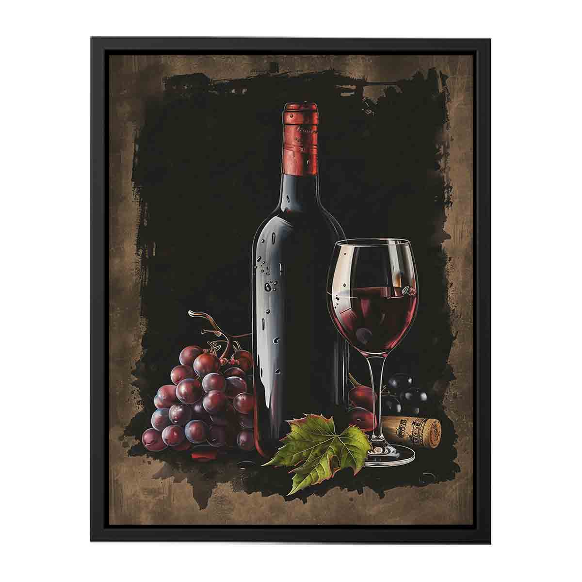 Dark wine bottle with glass, grapes and cork for elegant dining room decor.