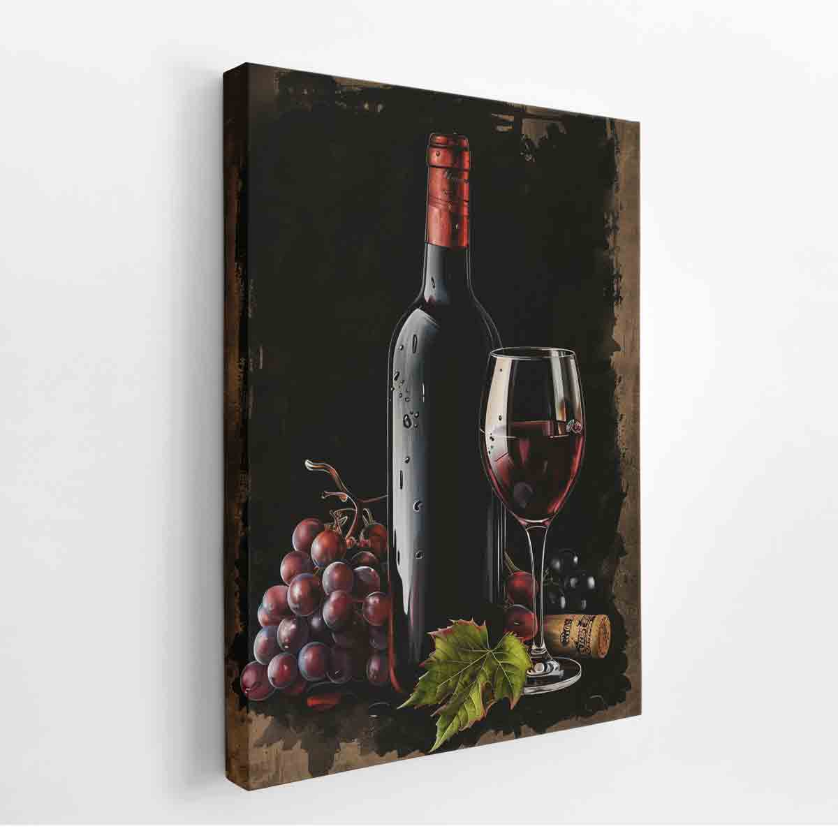 Dark wine bottle with glass, grapes and cork for elegant dining room decor.