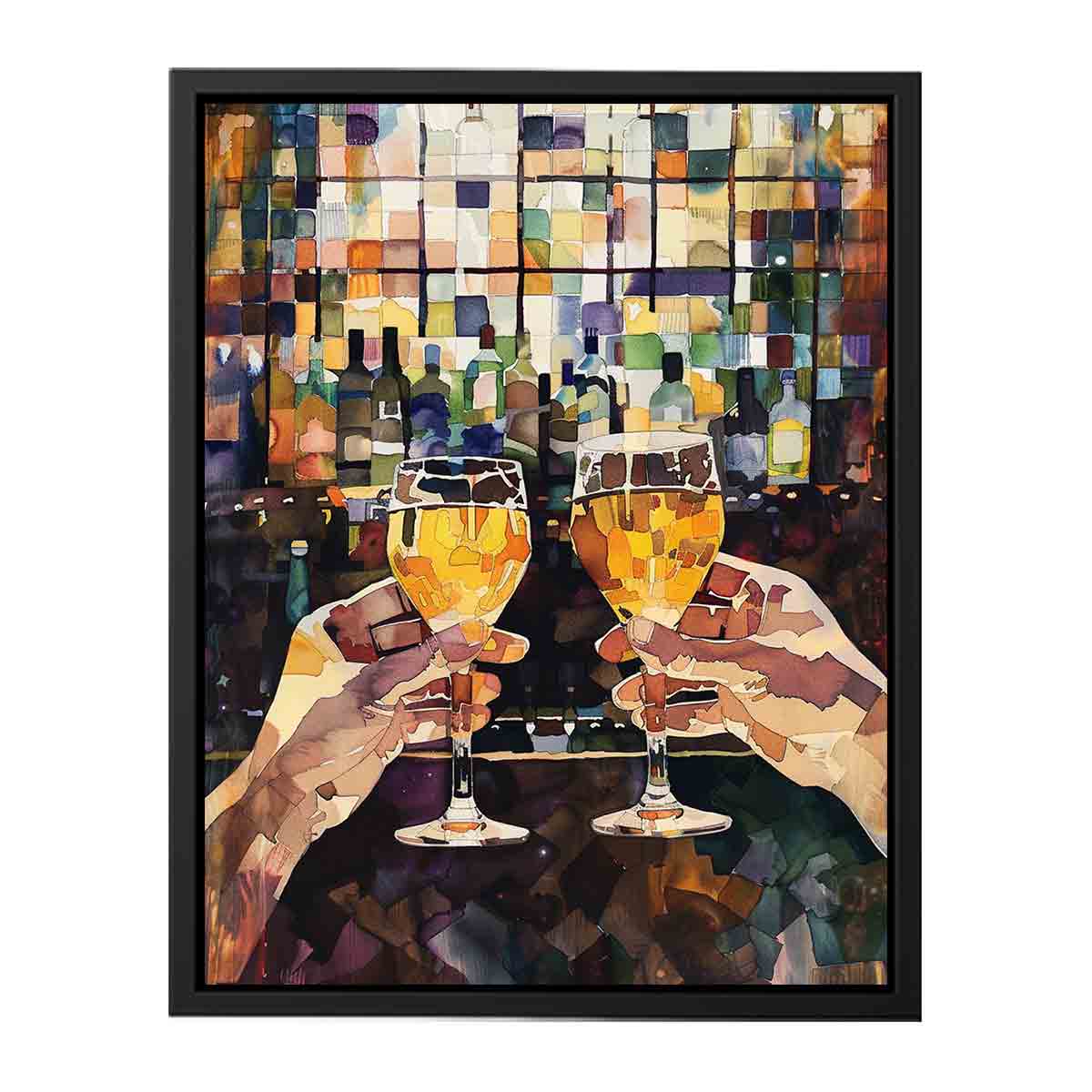 Colorful wine toast artwork with two glasses for dining room decor.