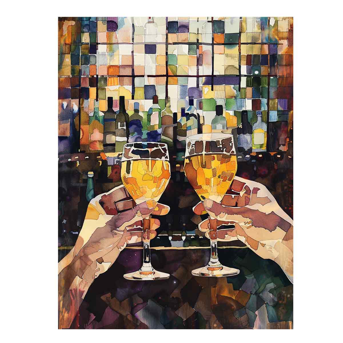 Colorful wine toast artwork with two glasses for dining room decor.