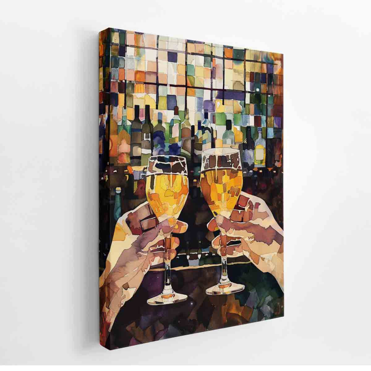 Colorful wine toast artwork with two glasses for dining room decor.