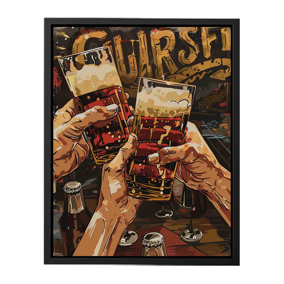 Bold craft beer pop art with raised glasses for home bar wall decor.