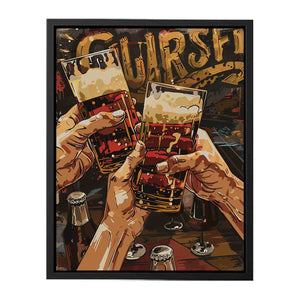 Bold craft beer pop art with raised glasses for home bar wall decor.