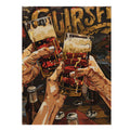 Bold craft beer pop art with raised glasses for home bar wall decor.