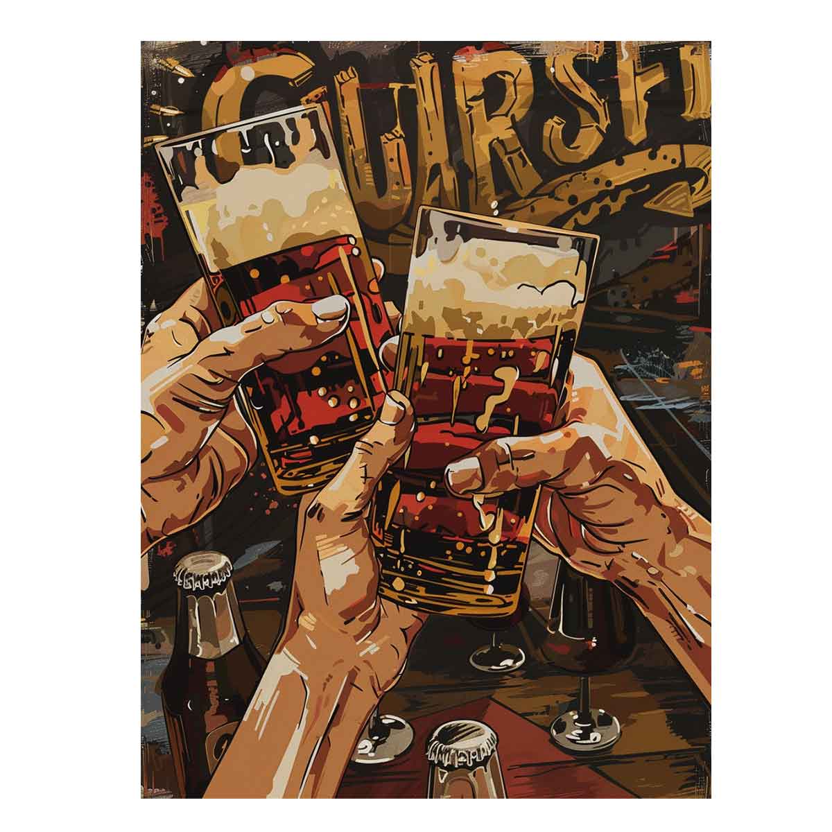 Bold craft beer pop art with raised glasses for home bar wall decor.
