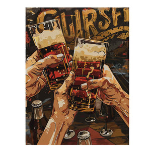 Bold craft beer pop art with raised glasses for home bar wall decor.