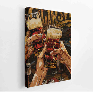 Bold craft beer pop art with raised glasses for home bar wall decor.