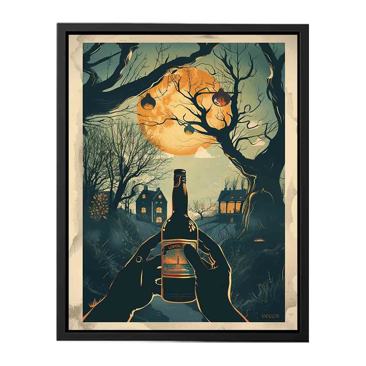 Moonlit wine bottle illustration with trees and houses for dining room decor.