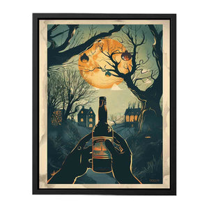 Moonlit wine bottle illustration with trees and houses for dining room decor.