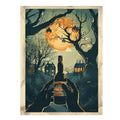 Moonlit wine bottle illustration with trees and houses for dining room decor.