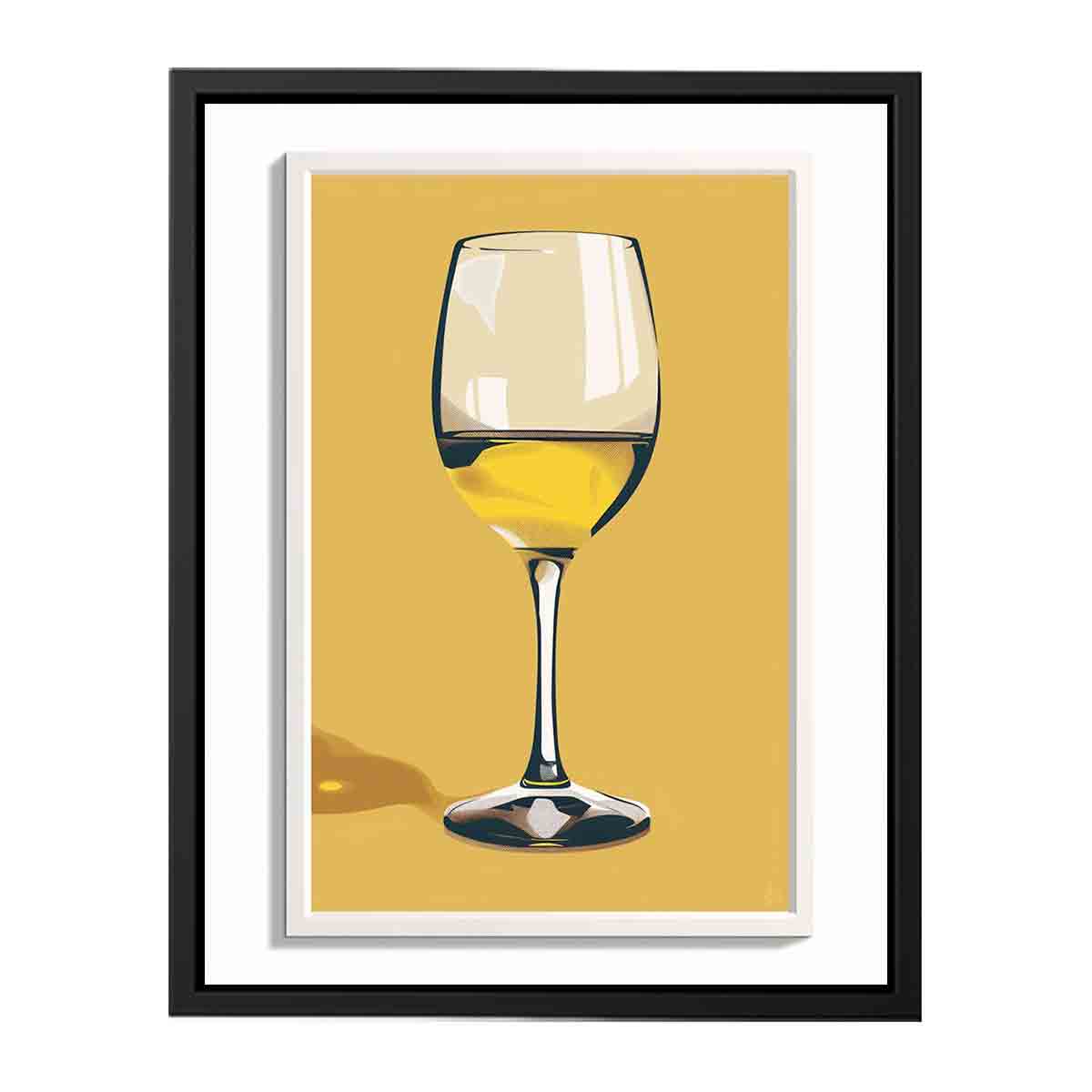 Minimal white wine glass artwork on golden background for kitchen decor.