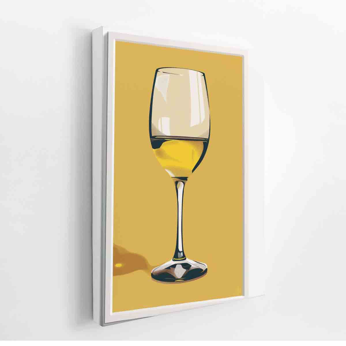 Minimal white wine glass artwork on golden background for kitchen decor.