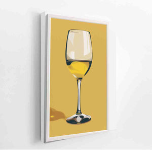 Minimal white wine glass artwork on golden background for kitchen decor.