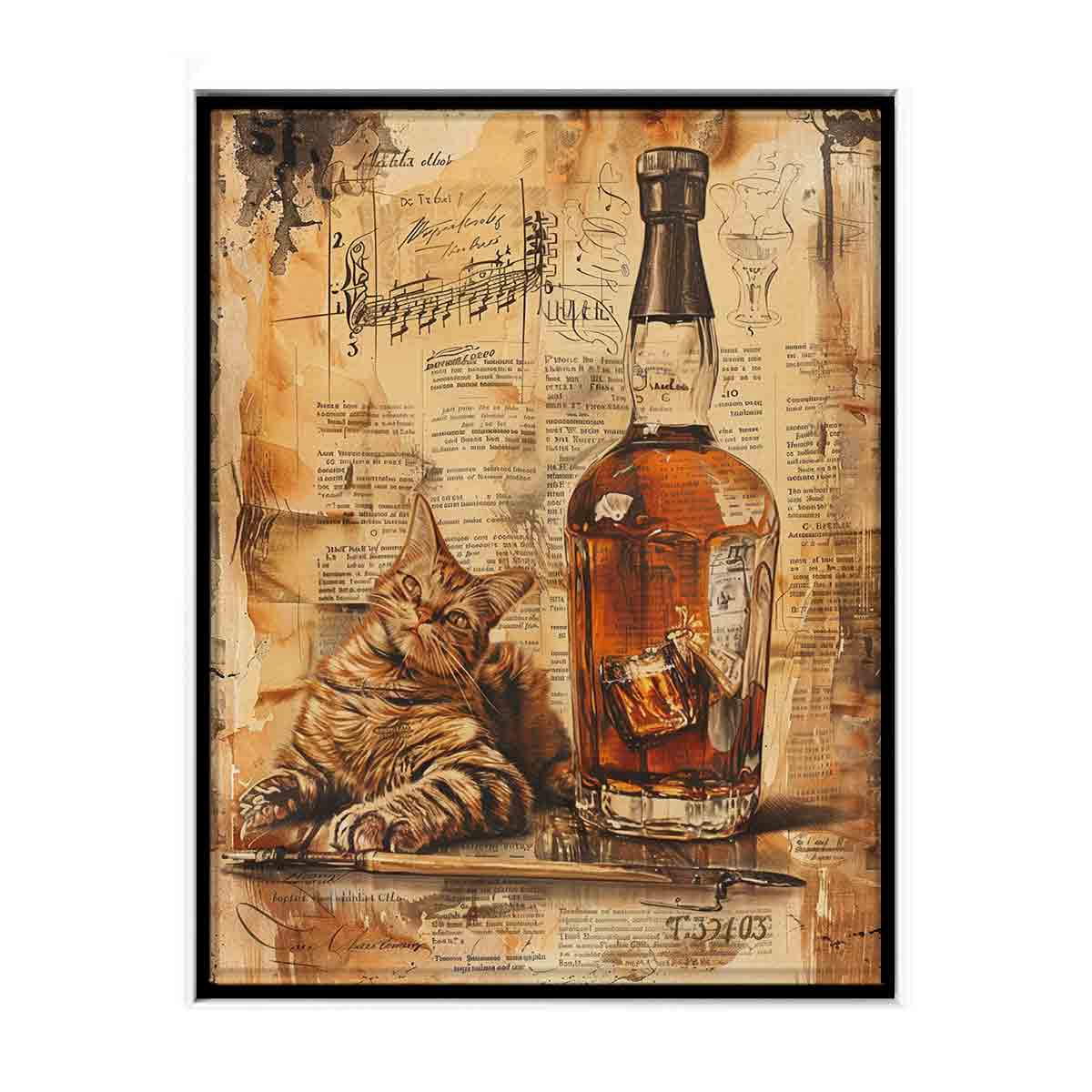 Vintage cat and whiskey bottle collage artwork for office wall decor.