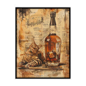 Vintage cat and whiskey bottle collage artwork for office wall decor.