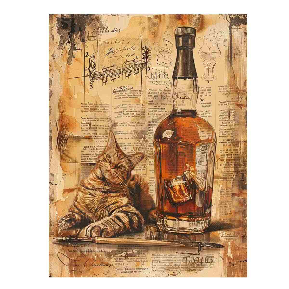 Vintage cat and whiskey bottle collage artwork for office wall decor.