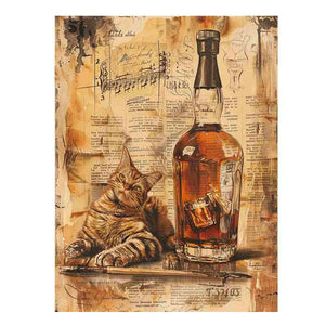 Vintage cat and whiskey bottle collage artwork for office wall decor.