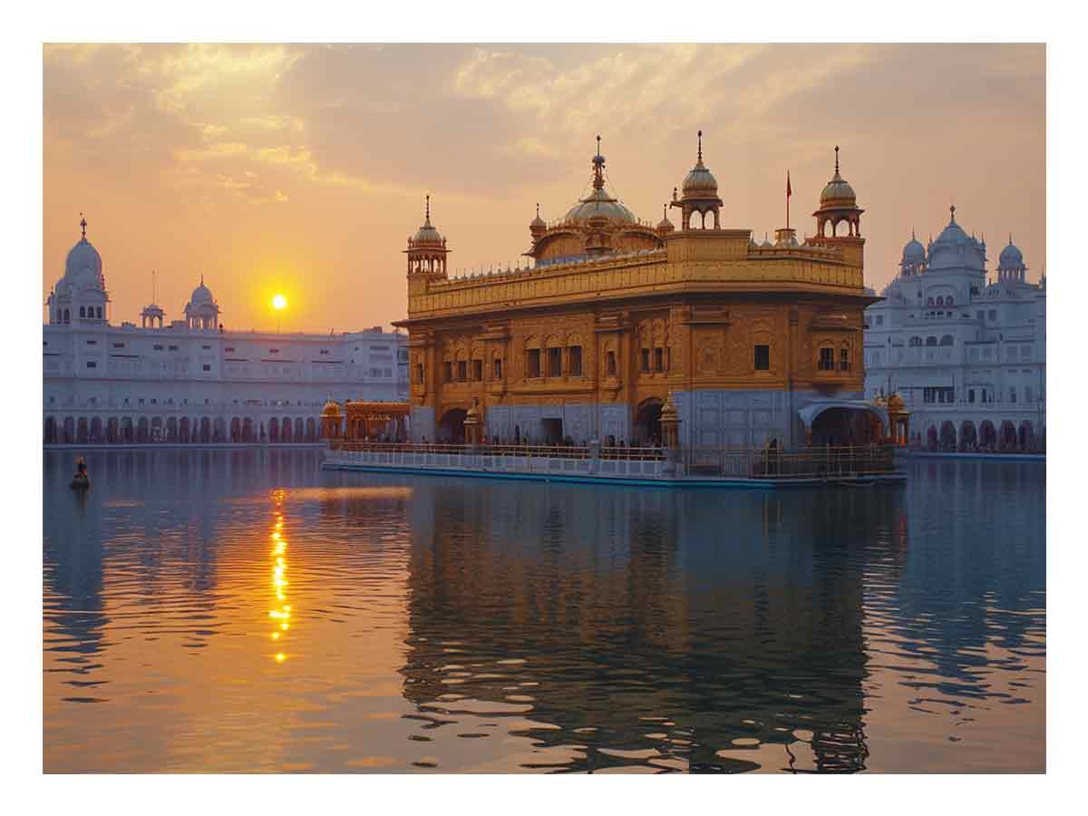 Golden Temple at sunset with water reflections for living room wall decor.