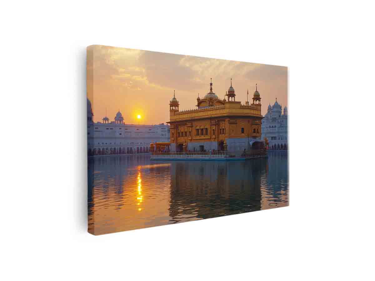 Golden Temple at sunset with water reflections for living room wall decor.
