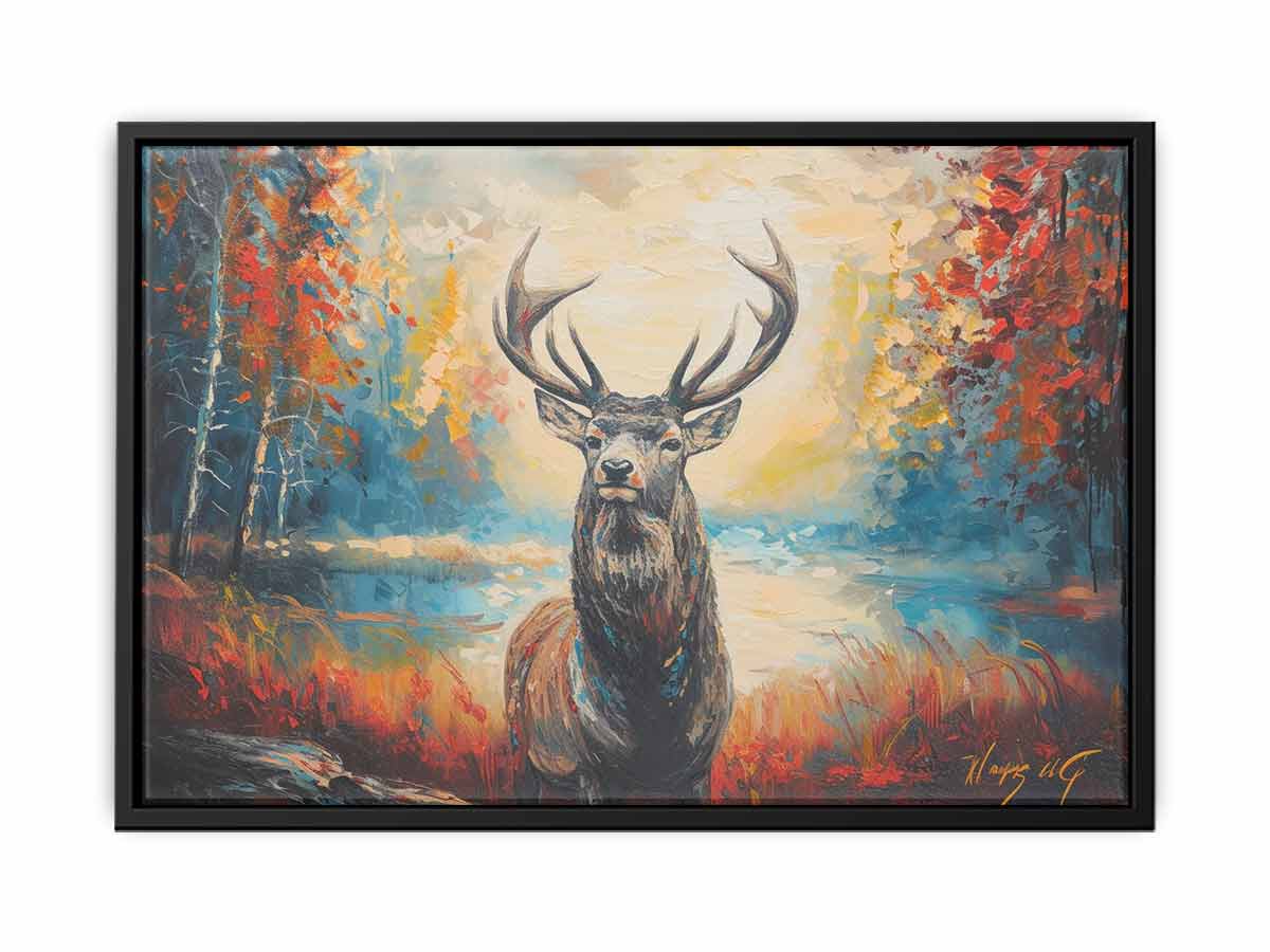Expressive stag painting in autumn forest for living room wall decor.