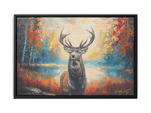 Expressive stag painting in autumn forest for living room wall decor.