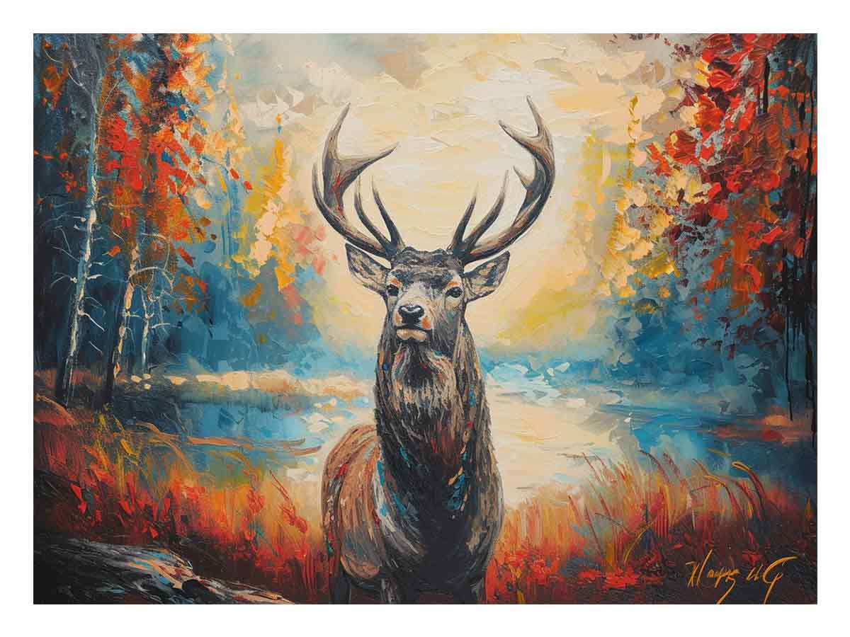 Expressive stag painting in autumn forest for living room wall decor.
