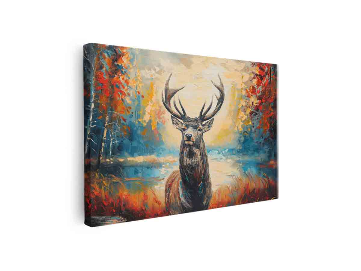 Expressive stag painting in autumn forest for living room wall decor.